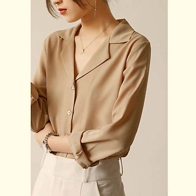 Áo sơ mi nữ cổ vest cổ ve form rộng tay dài trẻ trung phong cách hàn quốc chất lụa mềm mịn mát ít nhăn-VUD01