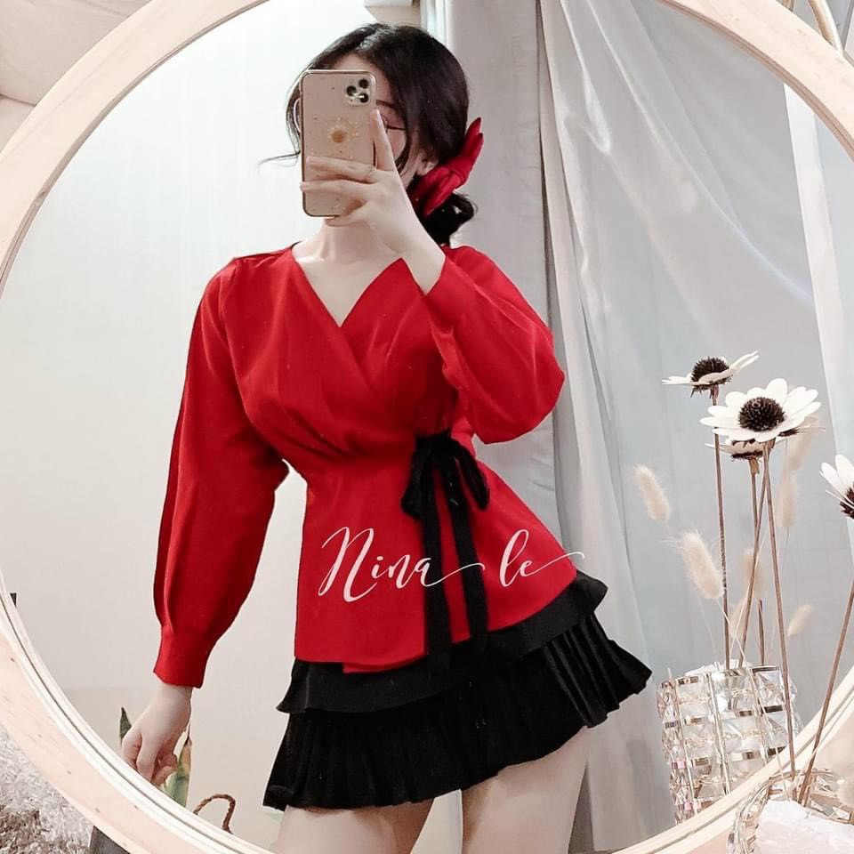 Áo Peplum Đỏ Buộc nơ eo xinh xắn HANNAHOUSE 1431