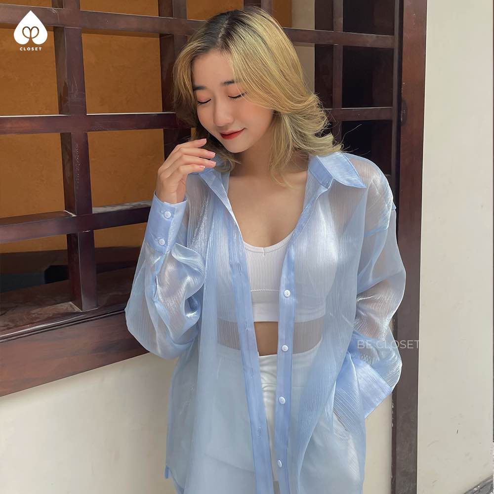 Áo sơ mi nữ dài tay Be Closet BLUE FLOWY freesize