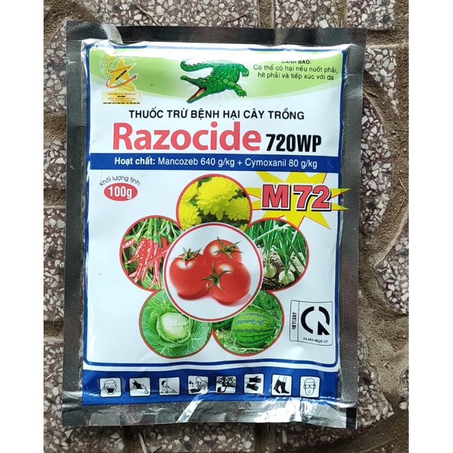 Razocide 720wp, M72, 100gr, hiệu quả trên sương mai, thán thư, vàng lá, đốm lá, đốm trái,rong rêu trên rau màu, hoa