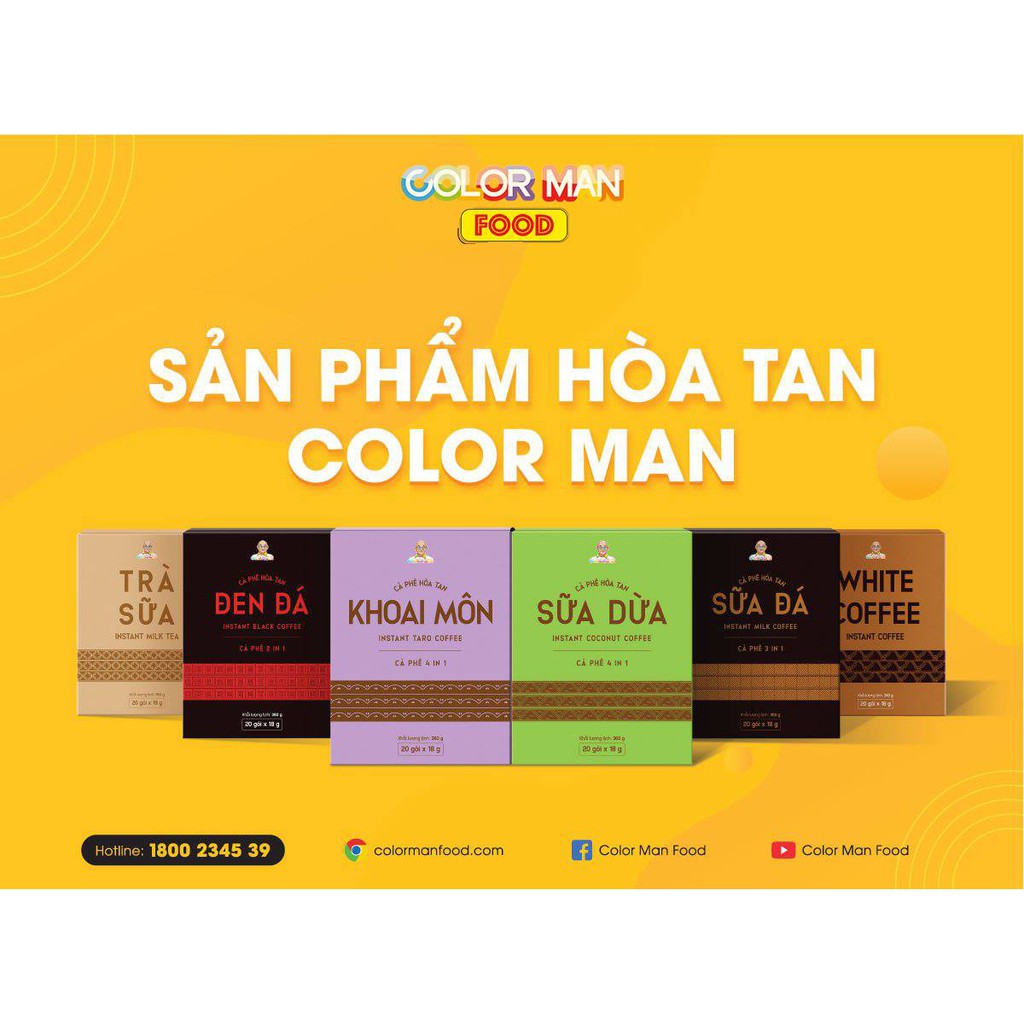 SET 6 GÓI SẢN PHẨM HÒA TAN COLOR MAN gồm khoai môn, sữa dừa, white coffee, sữa đá, đen đá và trà sữa hòa tan