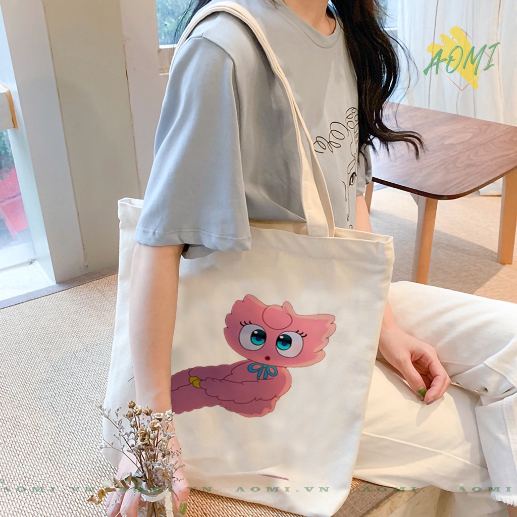 TOTE CANVAS HUGGY WUGGY TÚI VẢI ĐEO VAI BAG CÓ KHÓA KÉO SIZE LỚN 33x38cm AOMIVN DU LỊCH DẠO PHỐ