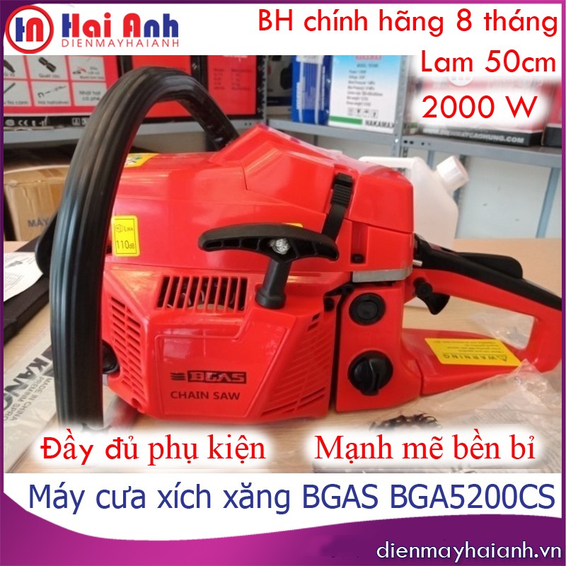 Cưa xăng mini cầm tay, cưa xích cắt xẻ cây gỗ Bgas BGA5200CS chất lượng cao, 2 KW, lam 50cm, full phụ kiện