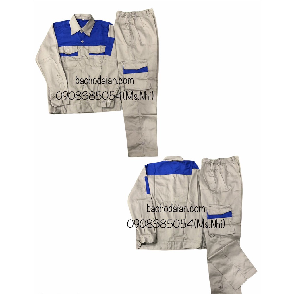 Quần áo bảo hộ lao động màu ghi đất phối xanh vải kaki thấm hút mồ hôi M13- Hình thật