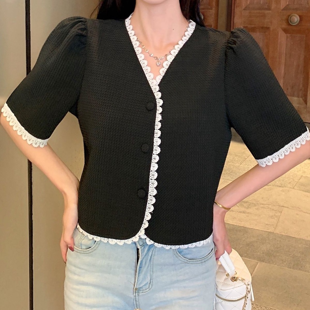 Áo Kiểu Cổ Chữ V Tay Ngắn Thời Trang Xuân Hè Phong Cách Pháp 2022 Mới Cho Nữ