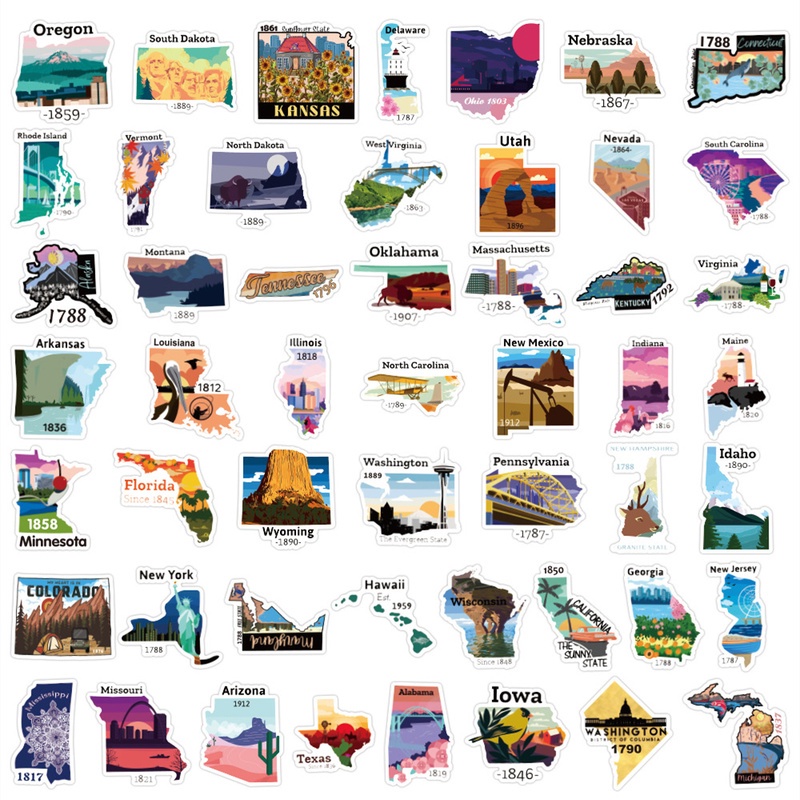 Z & M❀ Bộ 50 Miếng Dán Hình Bản Đồ Mỹ Độc Đáo ❀ Miếng Dán Chống Thấm Nước Cho Đồ Chơi