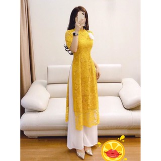 Áo dài cách tân ren phối 1 hoa trắng quần trắng cao cấp - KHÔNG KÈM QUẦN