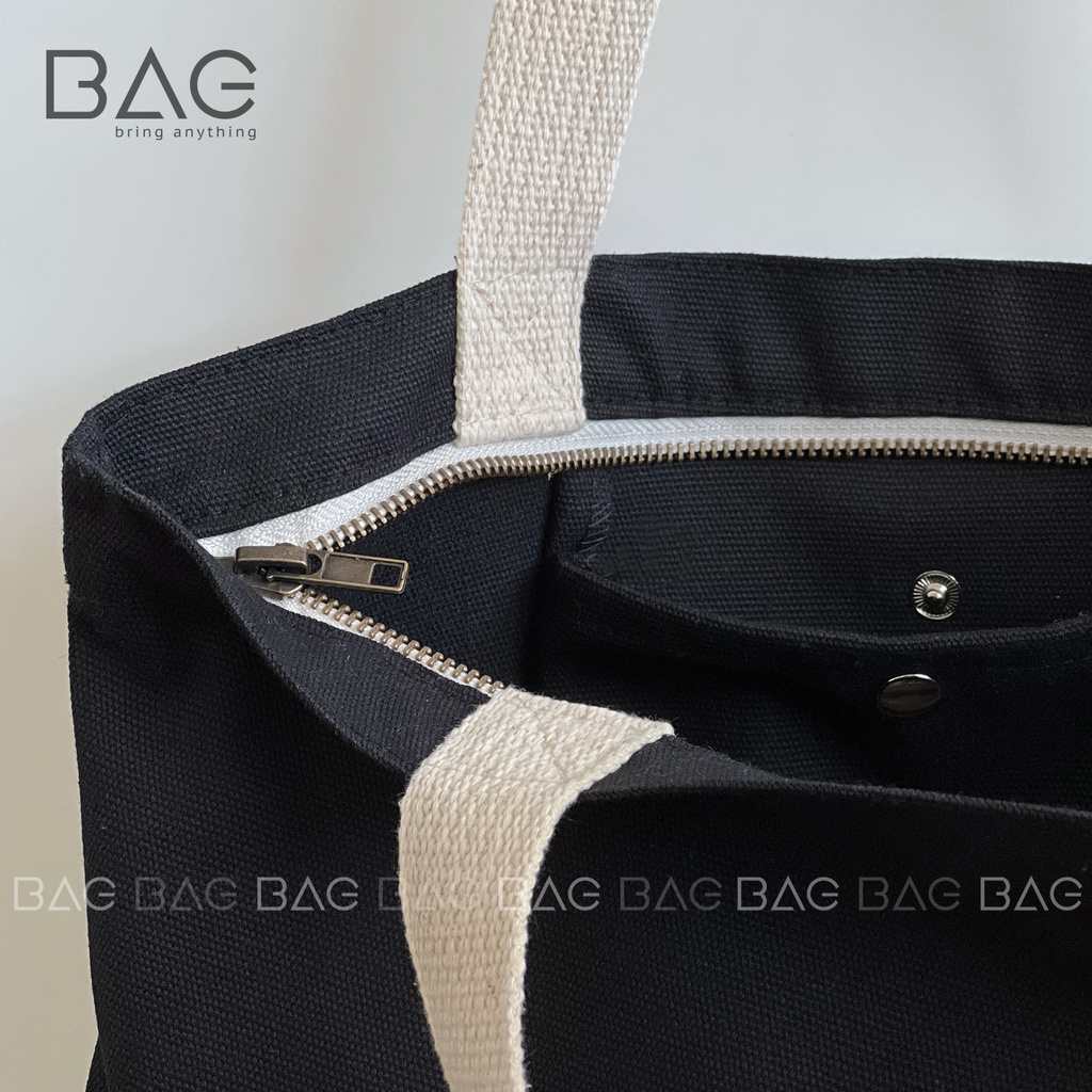 Túi tote vải đeo vai, túi vải màu tối, hàng thiết kế của BAG phong cách vintage, túi local brand [BLACK]