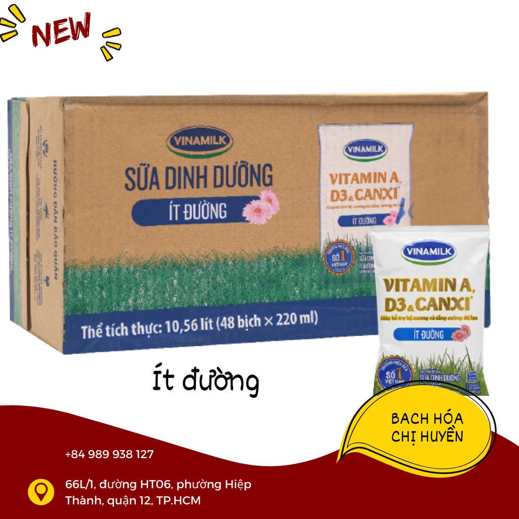 Thùng 48 bịch sữa dinh dưỡng có/ ít/ không đường Vinamilk A&D3 220ml