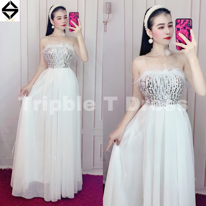 Đầm maxi cúp ngực lưới phối lông kết cườm TRIPBLE T DRESS - size M/L - MS386V