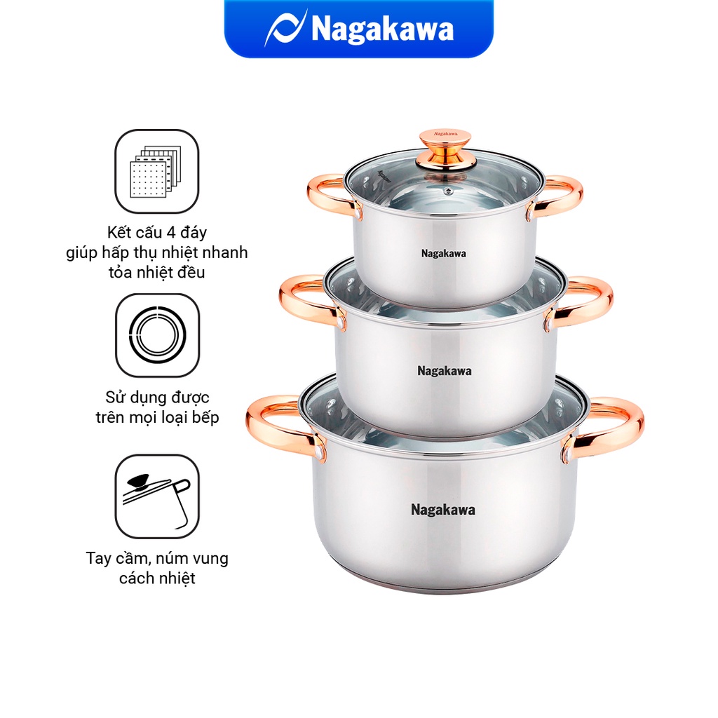 COMBO Bộ nồi inox 304 Nagakawa NAG1306 (16cm, 20cm, 24cm) và chảo chống dính đáy từ Nagakawa NAG2401 (24cm)
