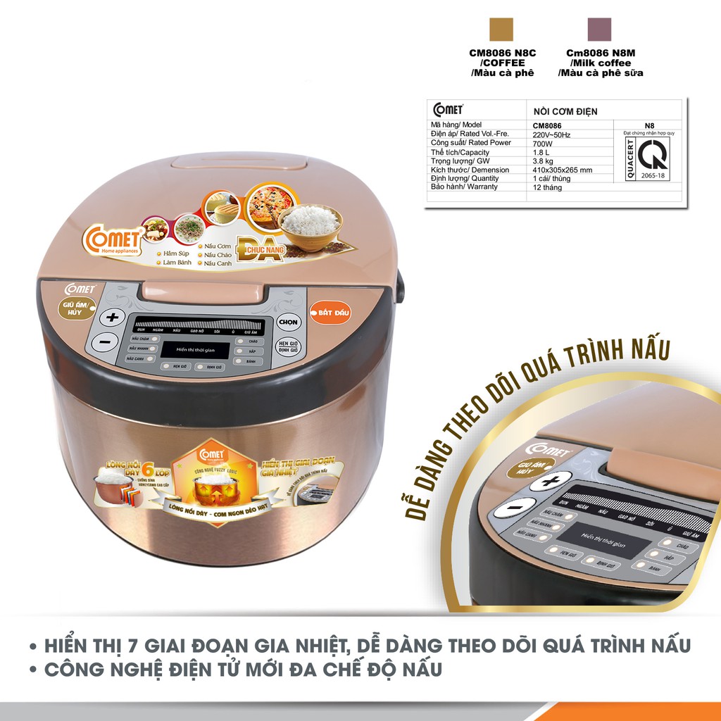 Nồi cơm điện tử dung tích 1.8L Comet CM8086N8 | BigBuy360 - bigbuy360.vn