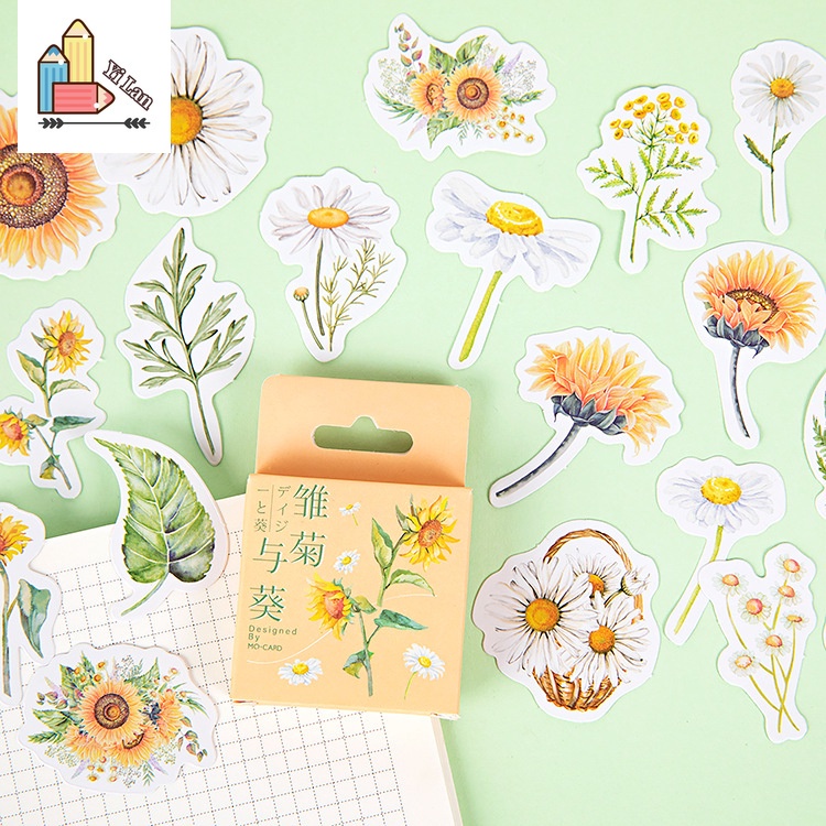 Set 46 Miếng Dán Họa Tiết Hoa Cúc / Hoa Hướng Dương Dùng Trang Trí Sổ Tay/ Album Ảnh DIY