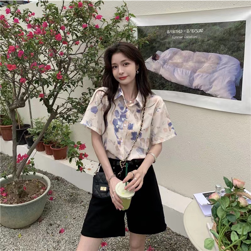 Áo sơ mi SUXI ngắn tay dáng rộng in họa tiết dễ phối đồ thời trang hè vintage cho nữ
