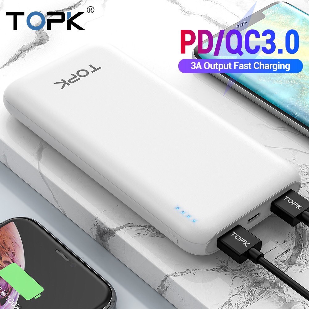 Sạc dự phòng TOPK hai cổng USB Công nghệ sạc nhanh Quick Charge 3.0 - Có cổng sạc Charger PD - Chính Hãng