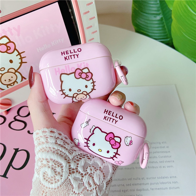 Vỏ bảo vệ hộp sạc tai nghe bằng TPU mềm hình Hello Kitty kèm móc màu hồng IMD thích hợp cho AirPods Pro Airpods 1/2/3