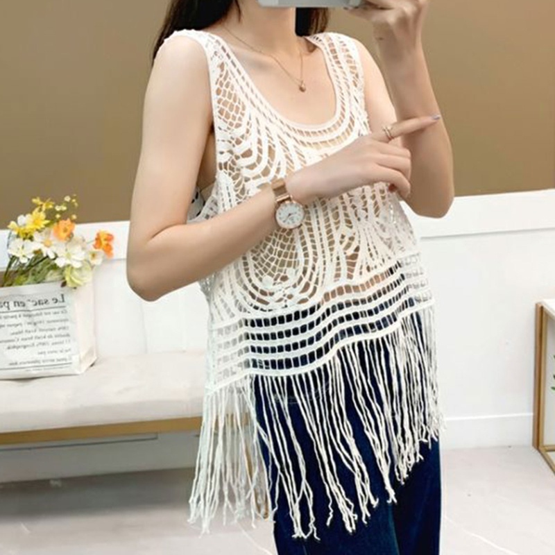 Brroa Áo Tank Top Dệt Kim Dáng Rộng Họa Tiết Hình Học Khoét Rỗng Phối Tua Rua Thời Trang Mùa Hè Đi Biển Cho Nữ