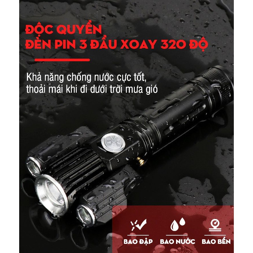 Đèn Pin siêu sáng 3 đầu xoay 320 độ Chống trộm