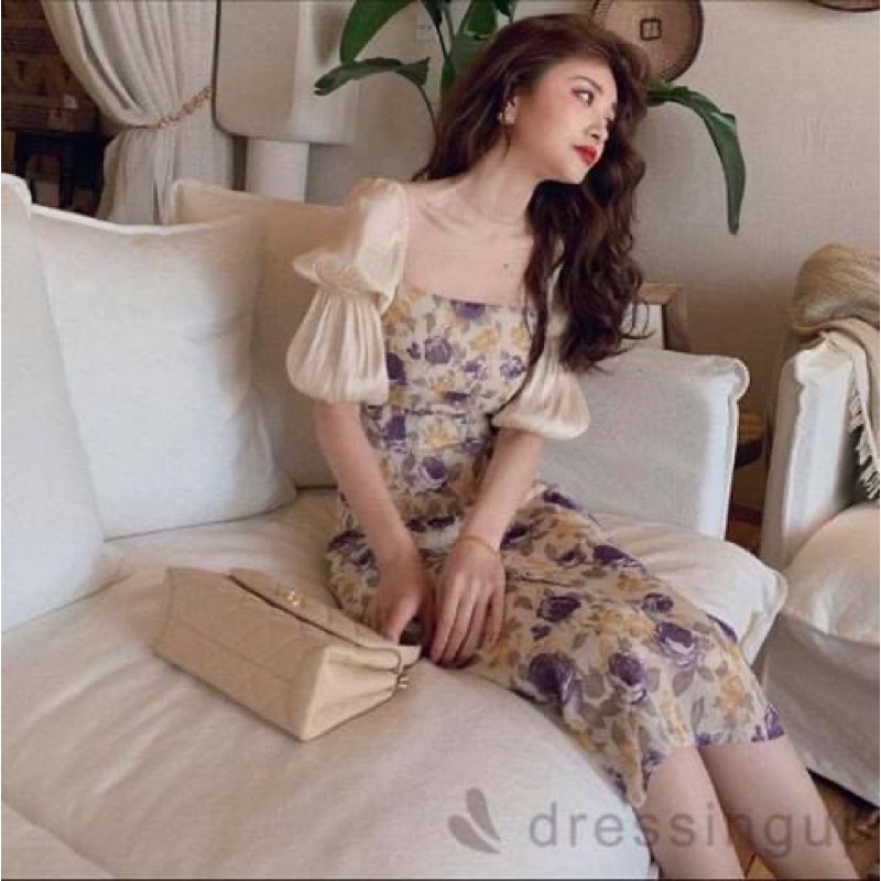 Đầm kiểu dài maxi nữ voan chiffon hoa nhí tay ngắn phồng suông - Order taobao quảng châu