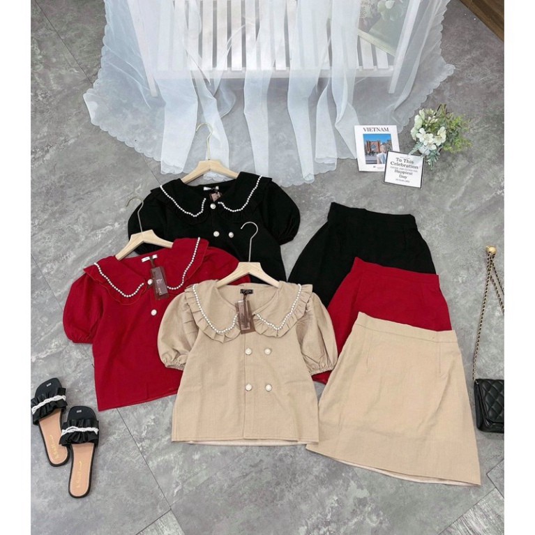 SET ÁO SƠ MI CỔ BÈO ĐÍNH CÚC NGỌC MIX CHÂN VÁY CHỮ A 3 MÀU CỰC XINH (Ảnh th