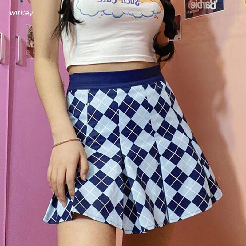 Chân váy ngắn xếp ly lưng cao kẻ sọc caro xanh dương dễ thương phong cách Hàn Quốc cho nữ