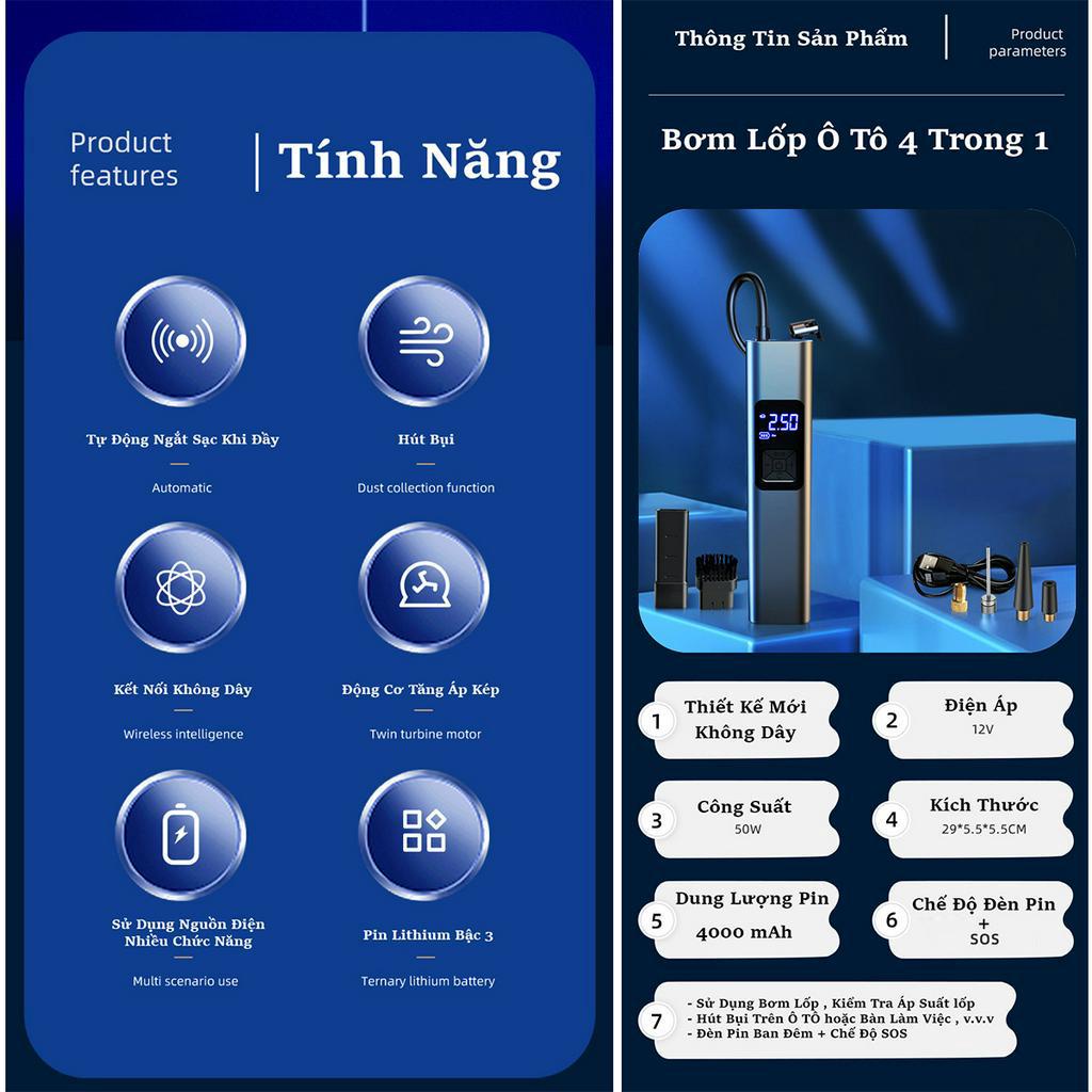 Bơm Lốp Ô Tô C250, Bơm Lốp 4in1 - Máy Hút Bụi - Chuyên Dụng - Đo Áp Suất Lốp - Đèn Pin, Bảo Hành 12 Tháng - Lỗi 1 Đổi 1