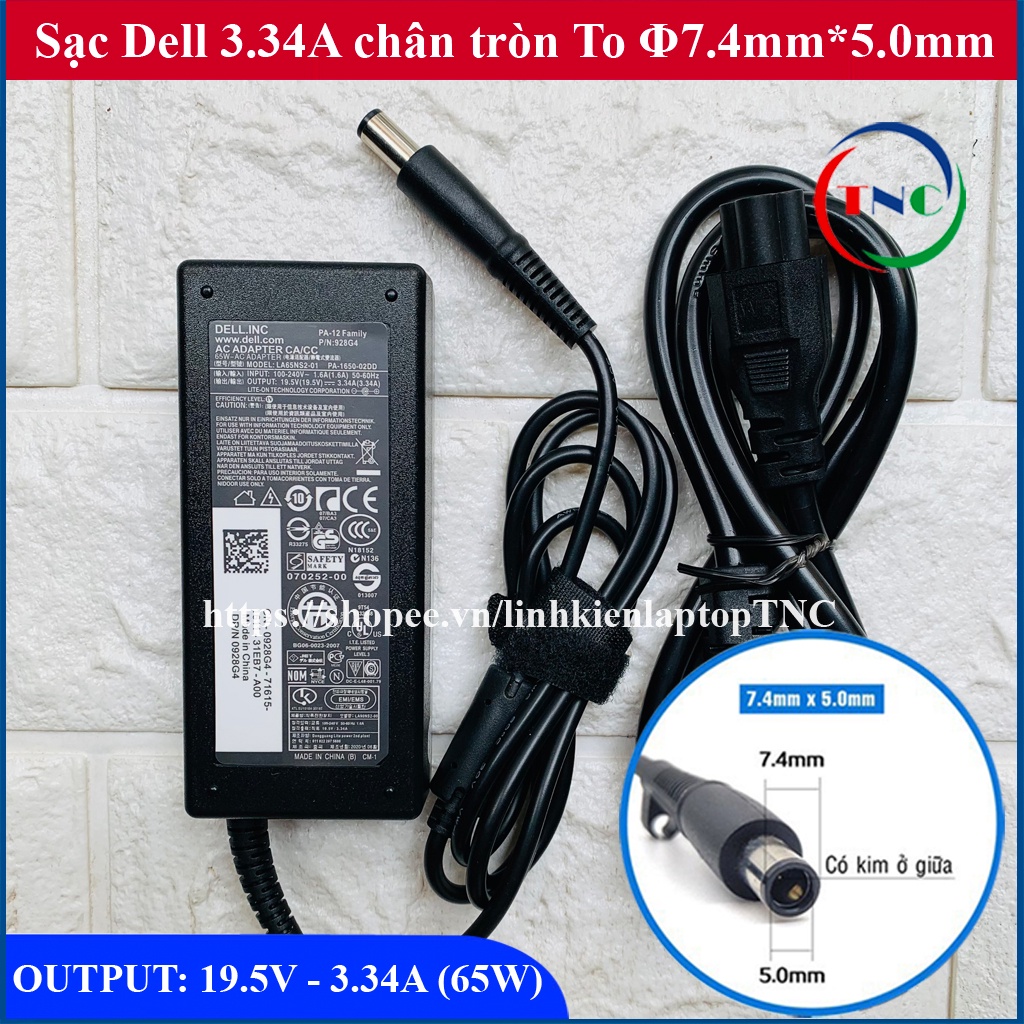 [Chân To] Sạc Laptop Dell 19.5V 3.34A (65w) chân kim to N4110 N4010 2421 2420 3450 4050 3521 (Adapter Dell 65W tròn to)