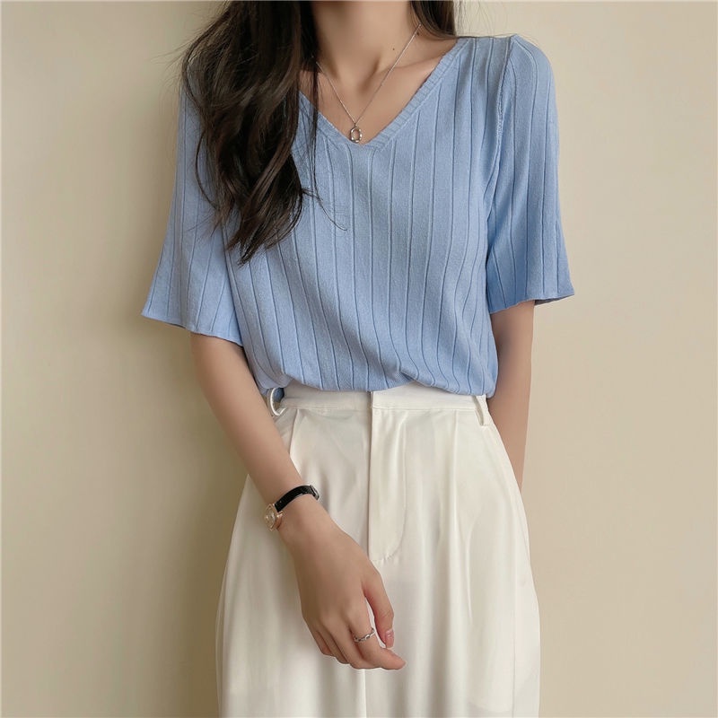 Áo Dệt Kim Mỏng Tay Ngắn Cổ Chữ V Dáng Rộng Màu Sắc Ngọt Ngào Thời Trang Mùa Hè Cho Nữ