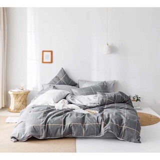 Bộ chăn ga Cotton 100% cao cấp- Kẻ caro xám Hàn quốc