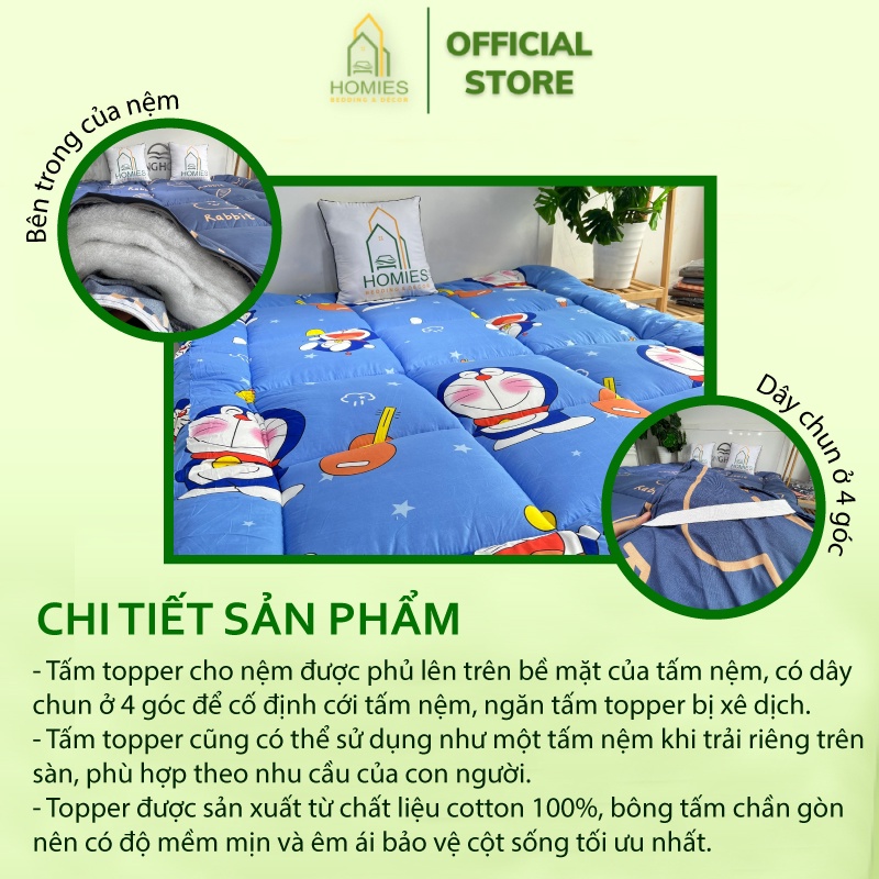 Nệm Topper Doremon HOMIES Tấm làm mềm đệm cotton Đũi Hàn quốc mới nhất 2020 - Có Chun 4 Góc Cố Định Đệm