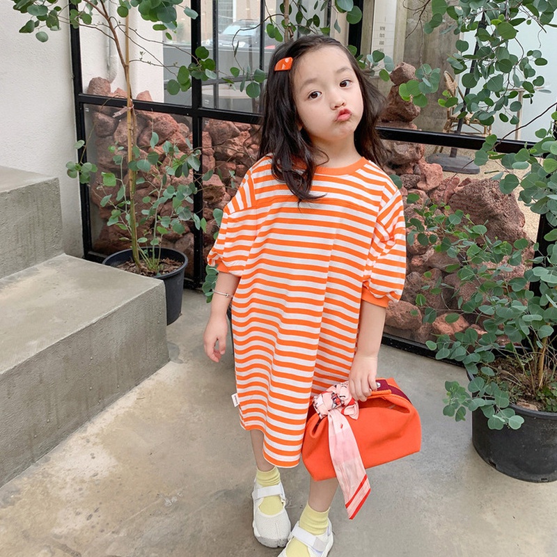 Váy cho bé gái Áo Thun Tay Ngắn Cổ Tròn Họa Tiết Sọc Ngang Dành Cho Bé Gái 1-6 Tuổi