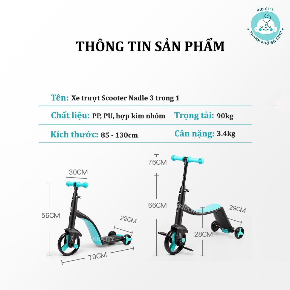 [Hàng Auth - Chọn màu] Xe Trượt Scooter Nadle 3 trong 1 cao cấp cho bé từ 1 đến 6 tuổi