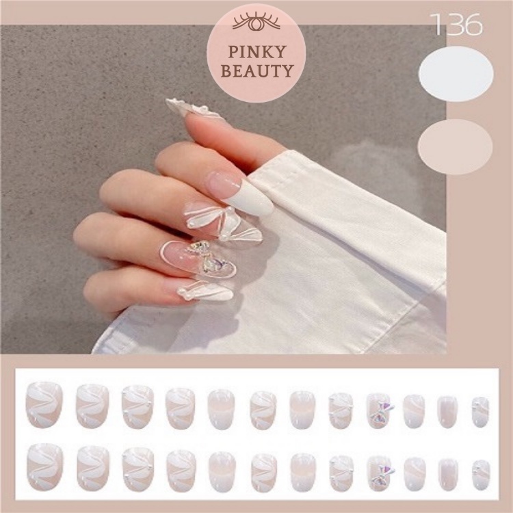 Bộ 24 Móng Giả Đính Đá Pinky Beauty Thời Trang Cá Tính Cho Nữ Mùa Lễ, Tết, Móng Tay Giả Kèm Keo Chính Hãng