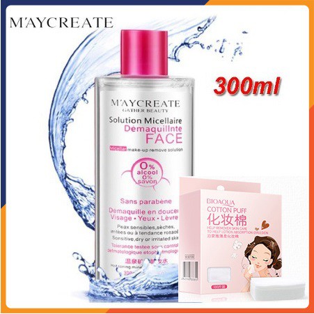 Combo nước tẩy trang và bông tẩy trang: Nước tẩy trang MayCreate 300ml + Hộp 100 miếng bông tẩy trang Bioaqua SPU136