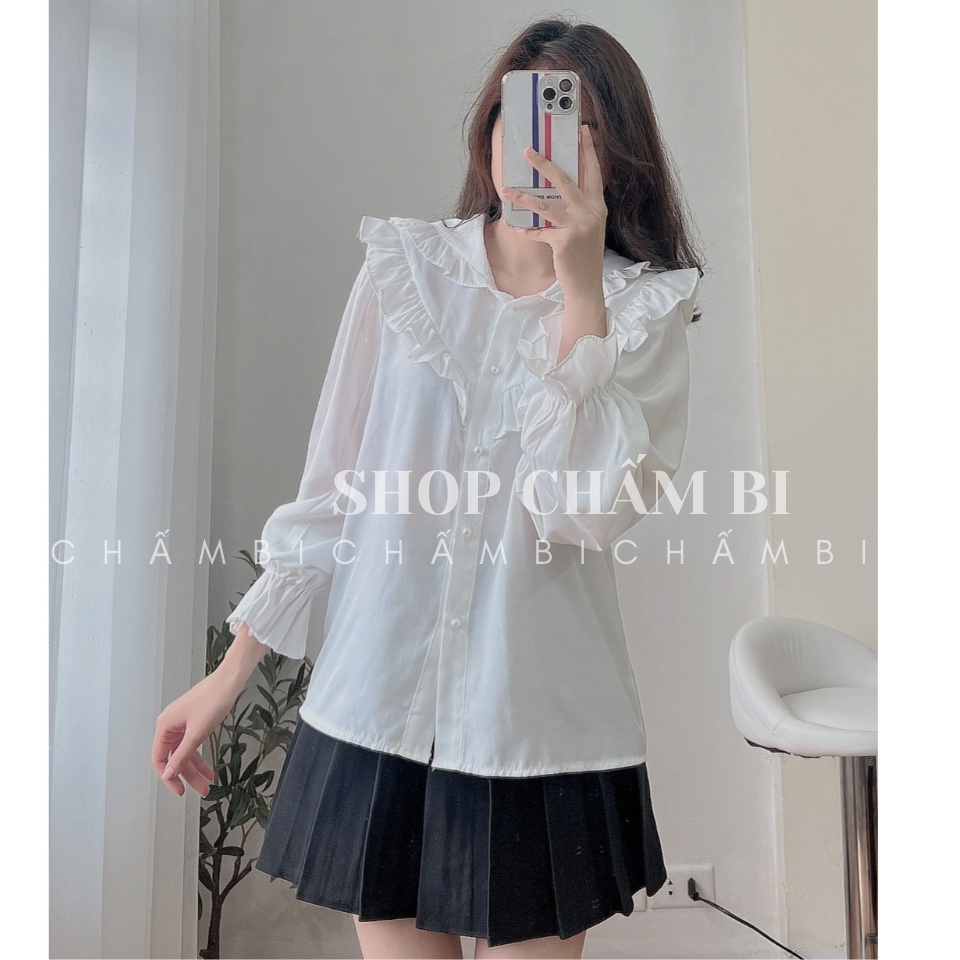 Áo sơ mi tiểu thư A.291, Áo kiểu cổ V thủy thủ viền cung ngực bèo nhún xếp tầng tay bo bèo nhẹ cách điệu sang chảnh