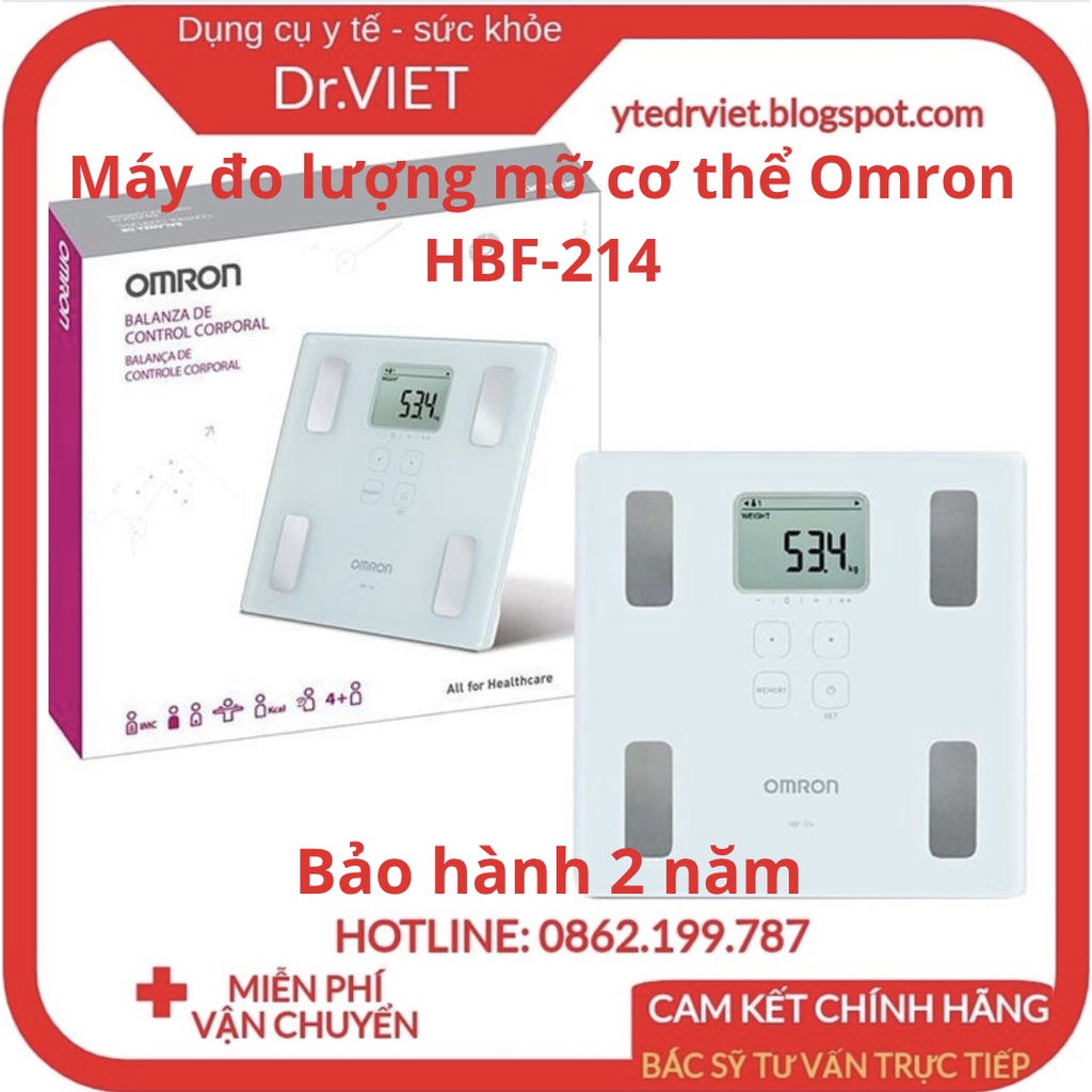 Máy đo lượng mỡ cơ thể Omron HBF-214 - Đo thành phần body,cân nặng,chỉ số khối cơ thể,tỷ lệ cơ xương - Drviet