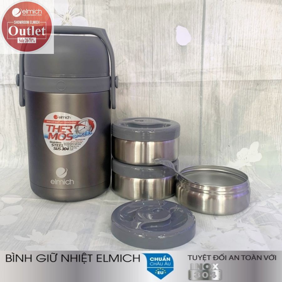 Hộp Đựng Cơm Giữ Nhiệt 3 Ngăn Inox 304 nóng 12h lạnh 24h ELMICH El3128 1800ml