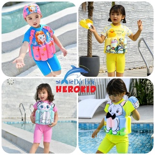 Bộ đồ bơi liền thân trợ nổi kèm nón bơi - Đồ bơi bé gái