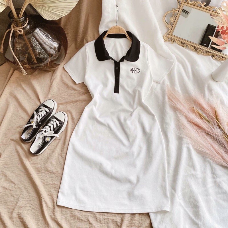 [Mã WAMT1505 giảm 10K đơn 0K] Đầm thun ôm suông trắng cổ polo xanh có thêu logo D3 | BigBuy360 - bigbuy360.vn