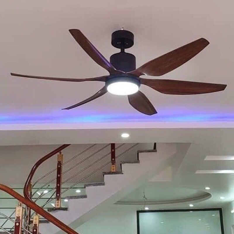 Quạt Trần Trang Trí Phòng Khách 6 Cánh Màu Vân Gỗ, Quạt Trần Có Đèn, Kèm Điều Khiển Từ Xa