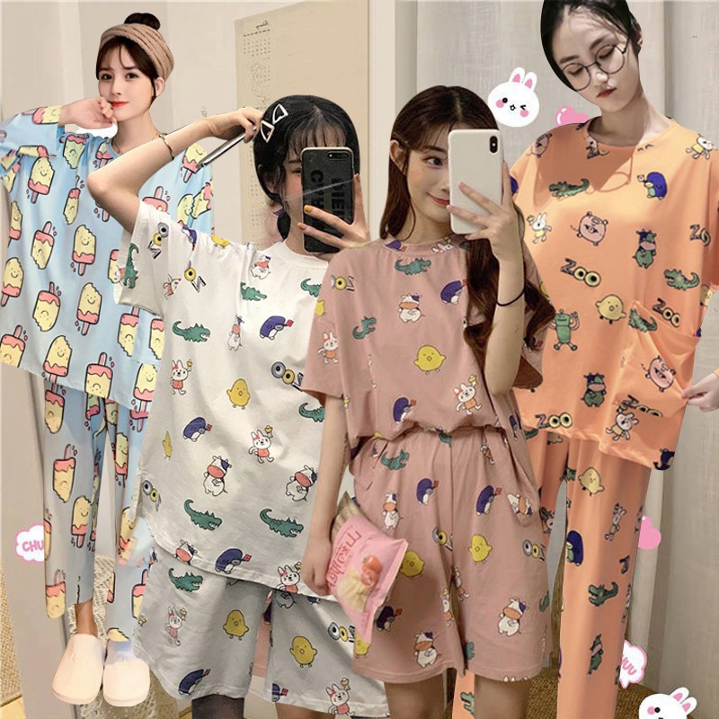 Ready stock Bộ đồ ngủ họa tiết hoạt hình xinh xắn