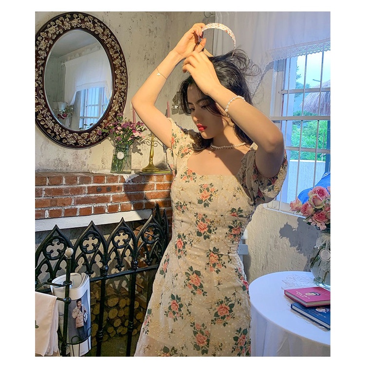 Đầm Dài Tay Ngắn Cổ Vuông Xẻ Tà In Họa Tiết Hoa Nhí Xinh Xắn Thời Trang Hè Kiểu Pháp