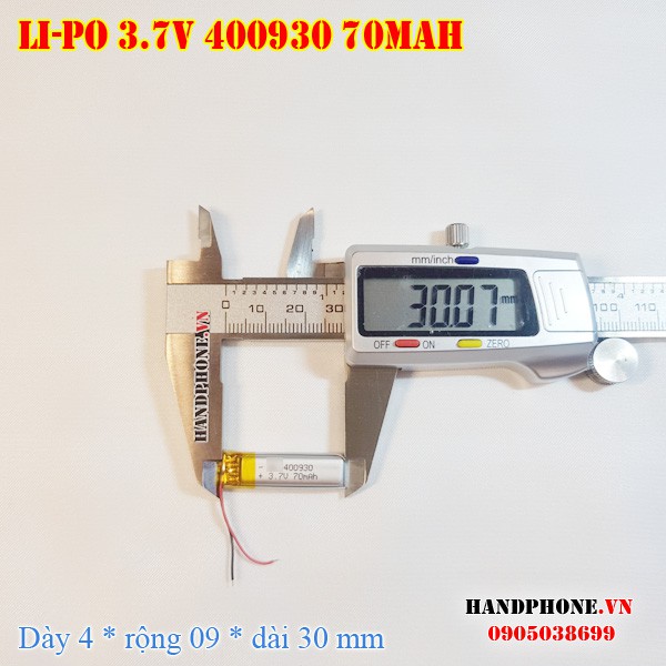 Pin Li-Po 3.7V 70mAh 400930 (Lithium Polymer) cho tai nghe Bluetooth, định vị GPS, máy ghi âm, máy nghe nhạc, khóa điện