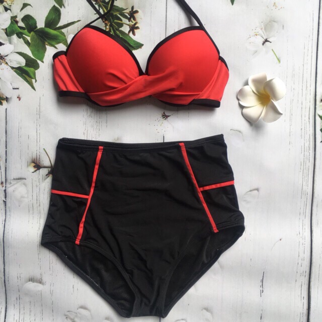 Bikini 2 mảnh quần cạp cao. Hai màu vàng &amp; đỏ.