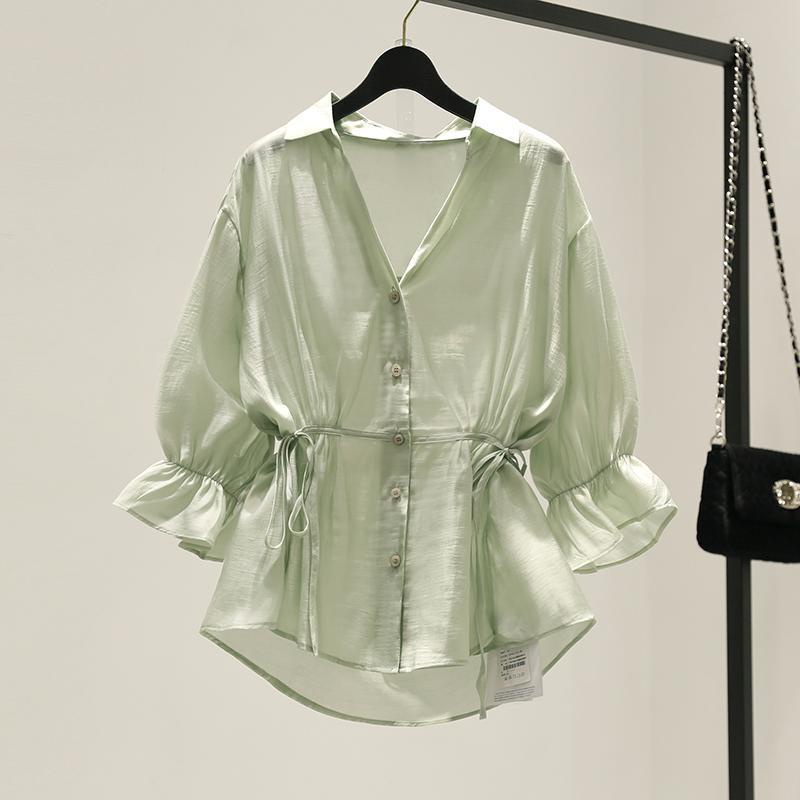 Áo Sơ Mi Chiffon Tay Ngắn Phong Cách Thời Trang Hàn Quốc 163241 Áo Sơ Mi Cardigan Cổ Chữ v Chiết Eo Phối Chân Váy Thời Trang Xinh Xắn