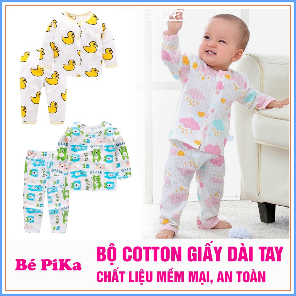 Bộ cotton giấy dài tay Bepika cúc giữa, cúc vai chất liệu cotton cho bé từ 3-14kg