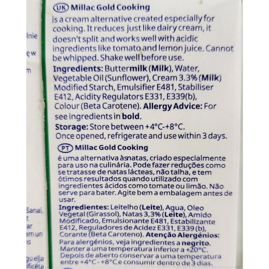 [Hộp 1 Lít – XANH LÁ] KEM SỮA NẤU ĂN (làm súp, nấu mì Ý) [U.K] MILLAC GOLD Cooking Cream For Professionals (nw5)