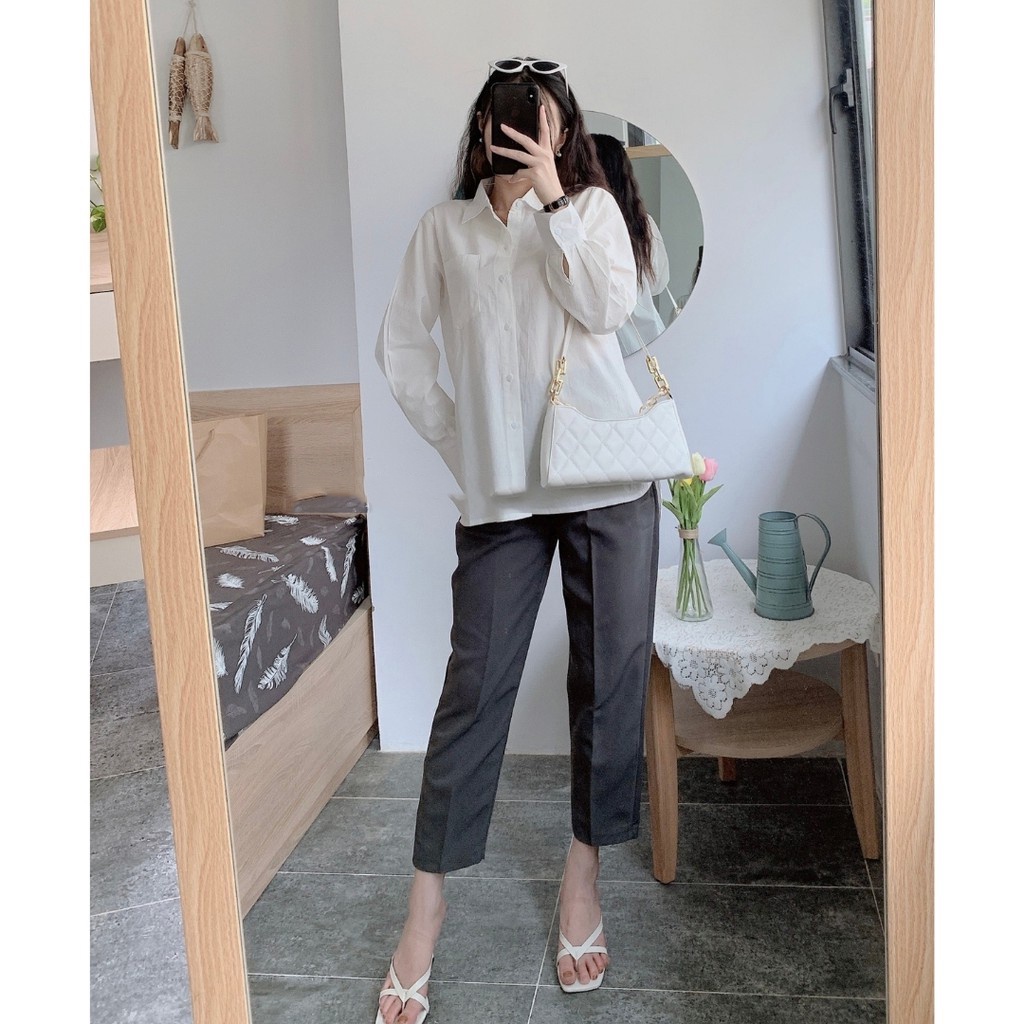 Áo dài tay trắng, Áo sơ mi trơn cổ bẻ túi ngực dáng suông đơn giản unisex Daski