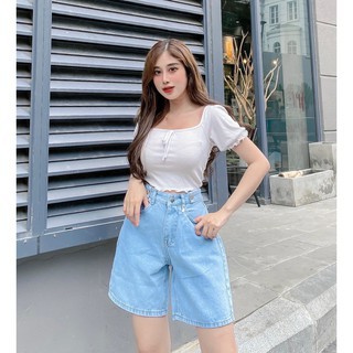 Quần Short Jeans Nữ Ống Rộng Lưng Cao Ulzznag - Quần Đùi Nữ Chất Liệu Jeans Khuy 2 Bên Eo QD026