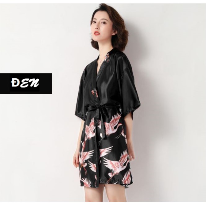 Áo Choàng Tắm - Kimono Ngủ Lụa Cao Cấp In Hình Chim Hạc Sang Trọng Yukata Mặc Nhà IVY254